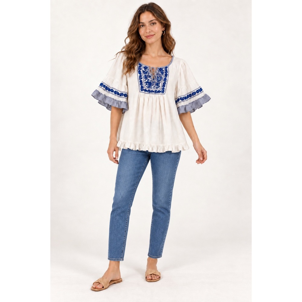 Raga Embroidered Bell Sleeve Peasant Top XS Boho Cottagecore Blue White R2811